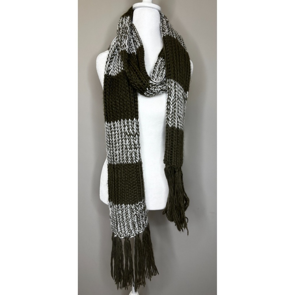 Melrose and Market Colorblock Knit White Green Fringe Long Scarf Winter One Size